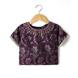 Pine Kids Woven Half Sleeves Printed Choli Lehenga Set With Sequin Detailing & Dupatta Set - Wine