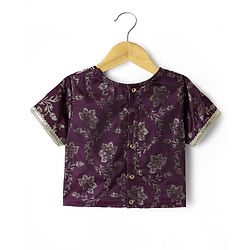 Pine Kids Woven Half Sleeves Printed Choli Lehenga Set With Sequin Detailing & Dupatta Set - Wine