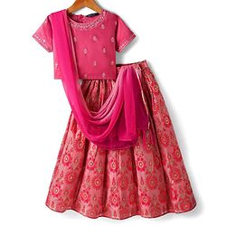 Pine Kids Woven Half Sleeves  Choli Lehenga Set with Dupatta & Floral Print & Embroidery - Dark Pink