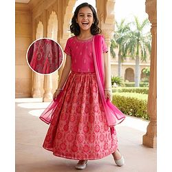 Pine Kids Woven Half Sleeves  Choli Lehenga Set with Dupatta & Floral Print & Embroidery - Dark Pink