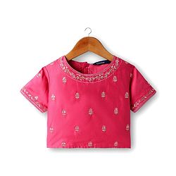 Pine Kids Woven Half Sleeves  Choli Lehenga Set with Dupatta & Floral Print & Embroidery - Dark Pink