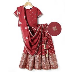 Pine Kids Woven Half Sleeves Choli Lehenga & Dupatta Set With Floral Print - Red