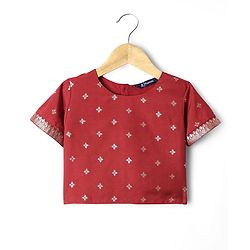Pine Kids Woven Half Sleeves Choli Lehenga & Dupatta Set With Floral Print - Red