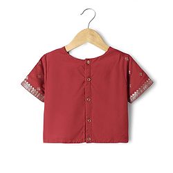 Pine Kids Woven Half Sleeves Choli Lehenga & Dupatta Set With Floral Print - Red