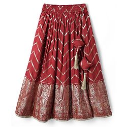 Pine Kids Woven Half Sleeves Choli Lehenga & Dupatta Set With Floral Print - Red
