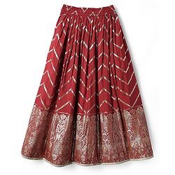 Pine Kids Woven Half Sleeves Choli Lehenga & Dupatta Set With Floral Print - Red