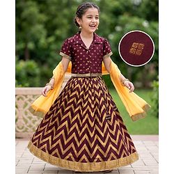 Pine Kids Woven Half Sleeves Choli Lehenga Set with Dupatta & Zari Detailing - Wine