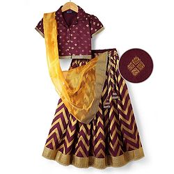 Pine Kids Woven Half Sleeves Choli Lehenga Set with Dupatta & Zari Detailing - Wine