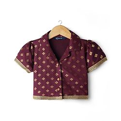Pine Kids Woven Half Sleeves Choli Lehenga Set with Dupatta & Zari Detailing - Wine