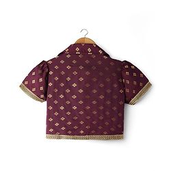 Pine Kids Woven Half Sleeves Choli Lehenga Set with Dupatta & Zari Detailing - Wine