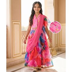 Pine Kids Woven Sleeveless Floral Printed & Embroidered Choli Lehenga with Dupatta - Pink
