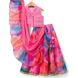 Pine Kids Woven Sleeveless Floral Printed & Embroidered Choli Lehenga with Dupatta - Pink