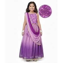 Pine Kids Woven Sleeveless Embroidered Choli Lehenga Set with Dupatta - Pink & Purple