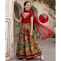 Pine Kids Woven Half Sleeves Choli Lehenga & Dupatta Set With Floral Print & Embriodered - Green