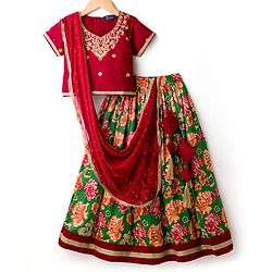 Pine Kids Woven Half Sleeves Choli Lehenga & Dupatta Set With Floral Print & Embriodered - Green