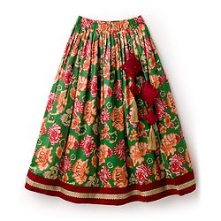 Pine Kids Woven Half Sleeves Choli Lehenga & Dupatta Set With Floral Print & Embriodered - Green