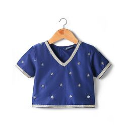 Pine Kids Woven Half Sleeves Choli Lehenga Set with Dupatta Floral Print Embroidery & Sequin Detailing - Blue