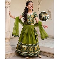 Pine Kids Woven Half Sleeves Choli Lehenga & Dupatta Set With Floral Print - Green