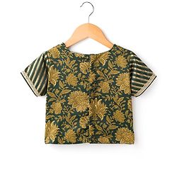 Pine Kids Woven Half Sleeves Choli Lehenga & Dupatta Set With Floral Print - Green