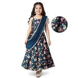Pine Kids Woven Sleeveless   Choli Lehenga Set with Dupatta & Floral Embroidery  -Navy Blue