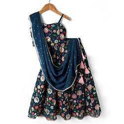 Pine Kids Woven Sleeveless   Choli Lehenga Set with Dupatta & Floral Embroidery  -Navy Blue