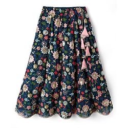 Pine Kids Woven Sleeveless   Choli Lehenga Set with Dupatta & Floral Embroidery  -Navy Blue