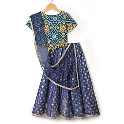 Pine Kids Woven Half Sleeves Floral Printed Choli Lehenga Set with Dupatta - Navy Blue