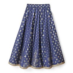 Pine Kids Woven Half Sleeves Floral Printed Choli Lehenga Set with Dupatta - Navy Blue