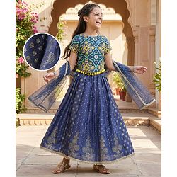 Pine Kids Woven Half Sleeves Floral Printed Choli Lehenga Set with Dupatta - Navy Blue
