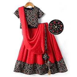 Pine Kids Woven Half Sleeves  Choli Lehenga Set with Dupatta Floral Embroidery & Sequin Detailing -Red & Black