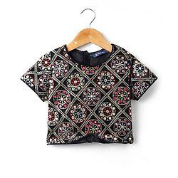 Pine Kids Woven Half Sleeves  Choli Lehenga Set with Dupatta Floral Embroidery & Sequin Detailing -Red & Black