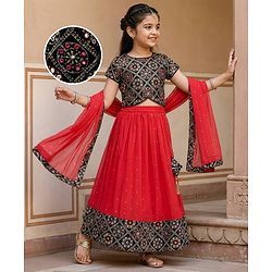 Pine Kids Woven Half Sleeves  Choli Lehenga Set with Dupatta Floral Embroidery & Sequin Detailing -Red & Black