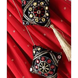 Pine Kids Woven Half Sleeves  Choli Lehenga Set with Dupatta Floral Embroidery & Sequin Detailing -Red & Black