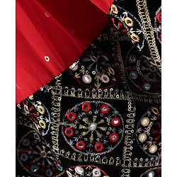 Pine Kids Woven Half Sleeves  Choli Lehenga Set with Dupatta Floral Embroidery & Sequin Detailing -Red & Black