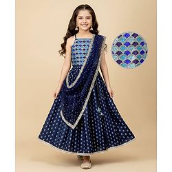 Pine Kids Woven Sleeveless Choli Lehenga Set with Dupatta Print Embroidery & Sequin Detailing - Navy Blue