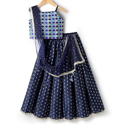 Pine Kids Woven Sleeveless Choli Lehenga Set with Dupatta Print Embroidery & Sequin Detailing - Navy Blue