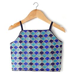 Pine Kids Woven Sleeveless Choli Lehenga Set with Dupatta Print Embroidery & Sequin Detailing - Navy Blue