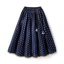 Pine Kids Woven Sleeveless Choli Lehenga Set with Dupatta Print Embroidery & Sequin Detailing - Navy Blue