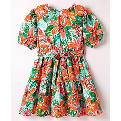 Pine Kids Woven Half Sleeves Frock & Belt with Floral Print - Green & Orange