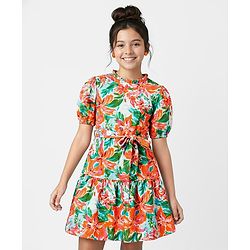 Pine Kids Woven Half Sleeves Frock & Belt with Floral Print - Green & Orange