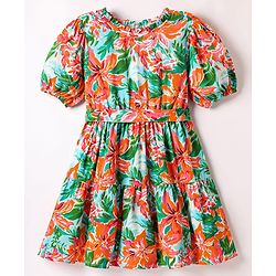 Pine Kids Woven Half Sleeves Frock & Belt with Floral Print - Green & Orange
