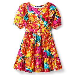 Pine Kids Rayon Woven Half Sleeves Frock With Floral Print & Belt - Multicolor