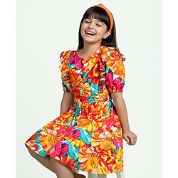 Pine Kids Rayon Woven Half Sleeves Frock With Floral Print & Belt - Multicolor