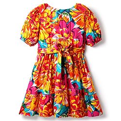 Pine Kids Rayon Woven Half Sleeves Frock With Floral Print & Belt - Multicolor
