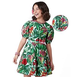 Pine Kids Rayon Woven Half Sleeves Frock With Floral Print & Belt - Green