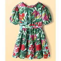 Pine Kids Rayon Woven Half Sleeves Frock With Floral Print & Belt - Green