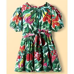Pine Kids Rayon Woven Half Sleeves Frock With Floral Print & Belt - Green