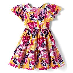 Pine Kids Woven Half Sleeves Frock With Leaf Print - Multicolor