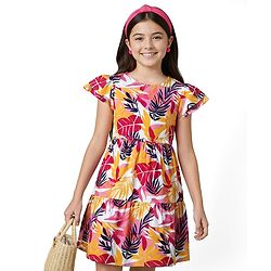 Pine Kids Woven Half Sleeves Frock With Leaf Print - Multicolor