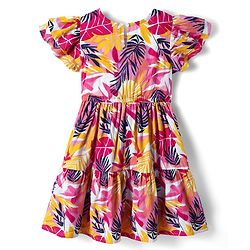 Pine Kids Woven Half Sleeves Frock With Leaf Print - Multicolor